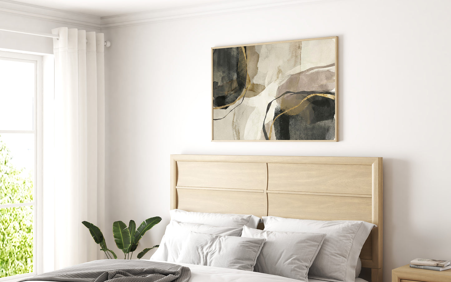 Bedroom with a wooden headboard, white bedding, and abstract painting on the wall.