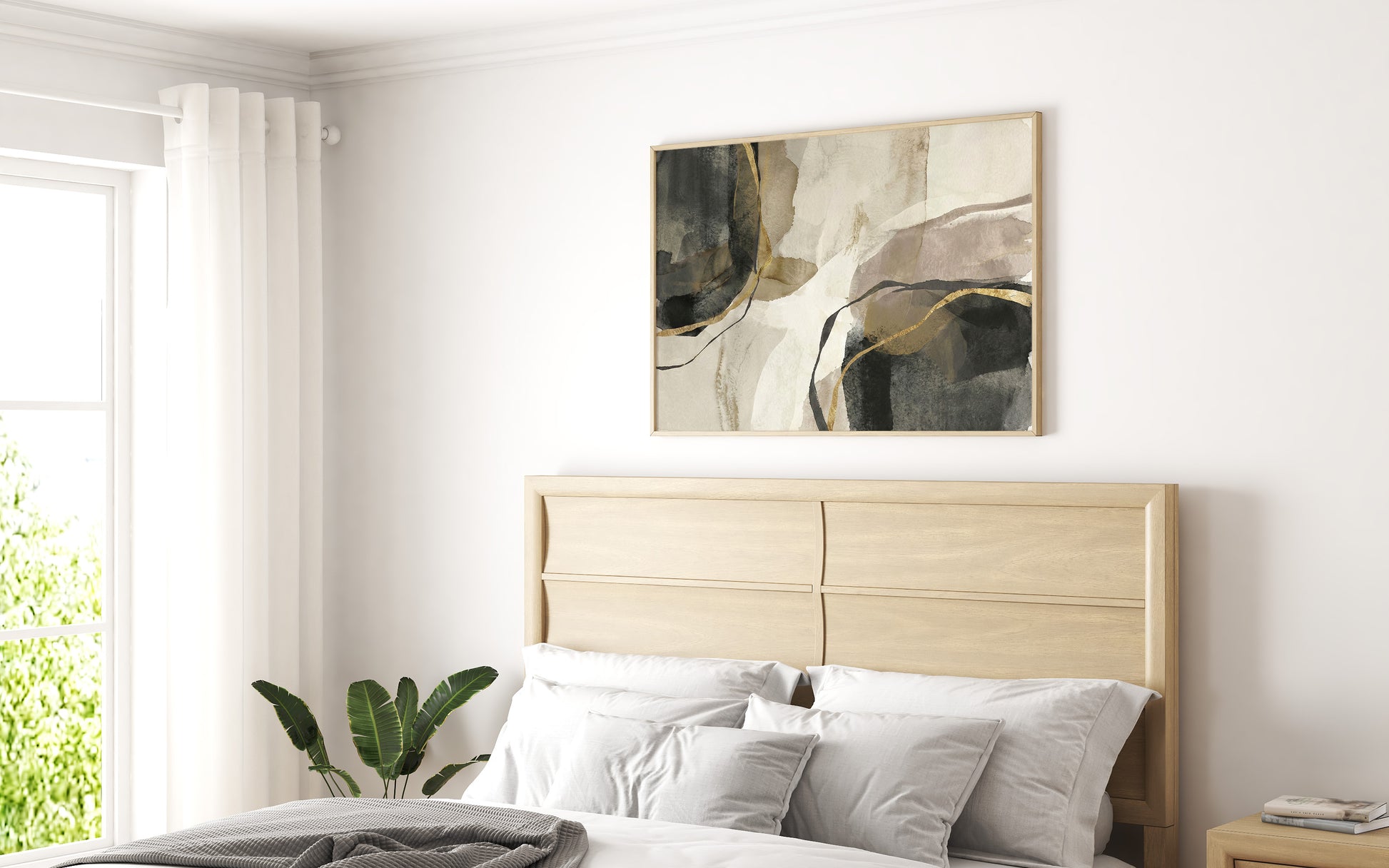 Bedroom with a wooden headboard, white bedding, and abstract painting on the wall.