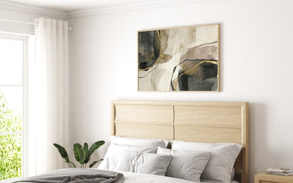 Bedroom with a wooden headboard, white bedding, and abstract painting on the wall.