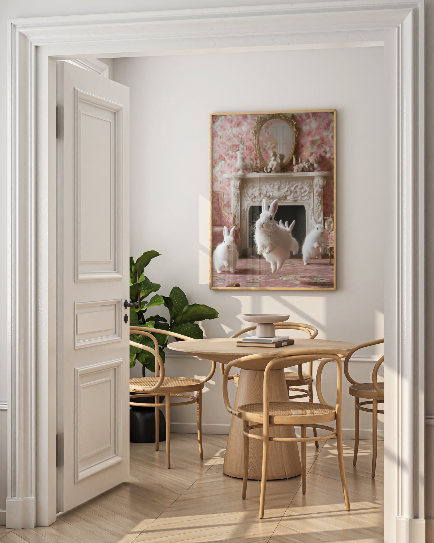 Dining room with wooden table and chairs, framed artwork on the wall.