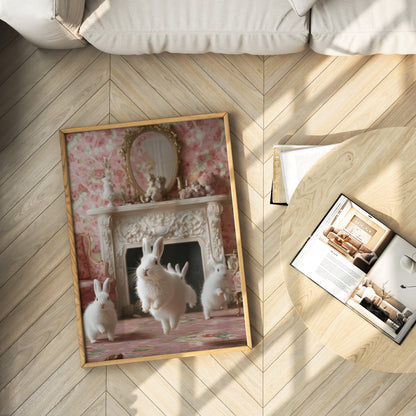 Framed artwork of rabbits in a room with on a wooden floor.