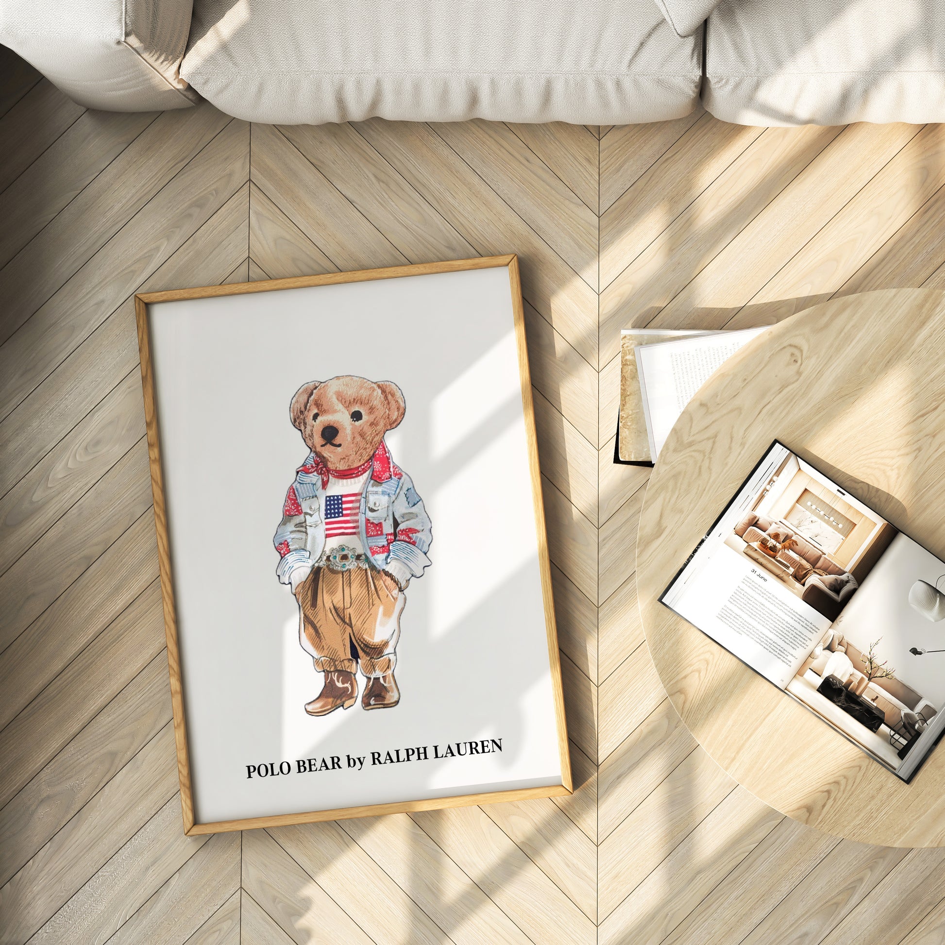 Framed artwork of a Bear on a wooden floor.
