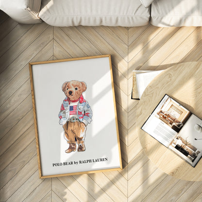 Framed artwork of a Bear on a wooden floor.