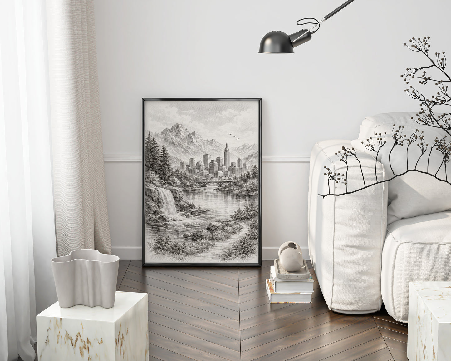 Mountain Cityscape Sketch Wall Art