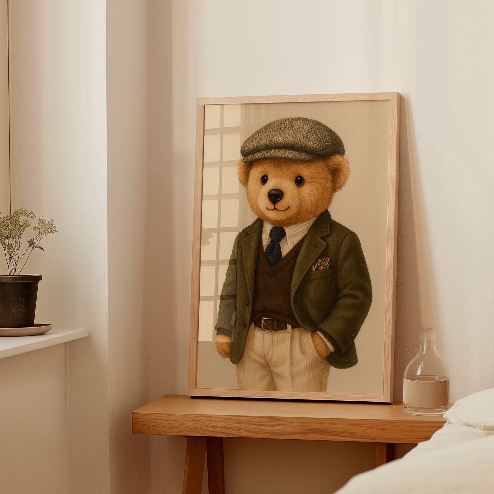 Framed poster of a teddy bear in vintage suit and cap on a wooden table, minimalist decor