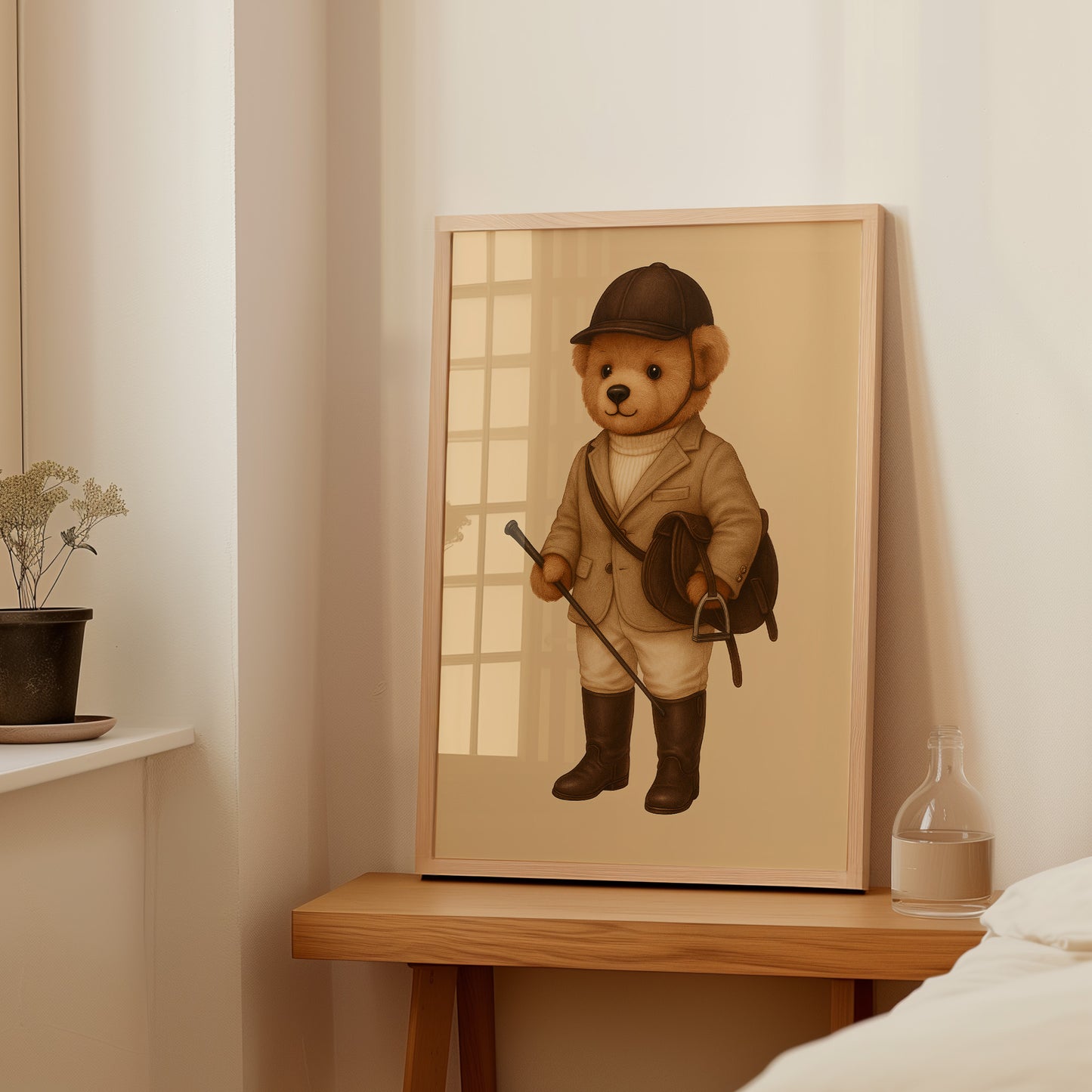 Framed poster of teddy bear in equestrian outfit, minimalist wall art on wooden table