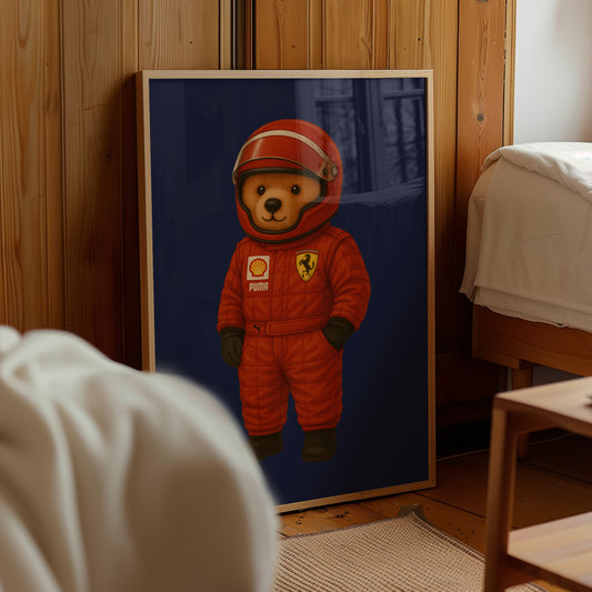 Red Racing Teddy Bear Poster - Formula Nursery Art