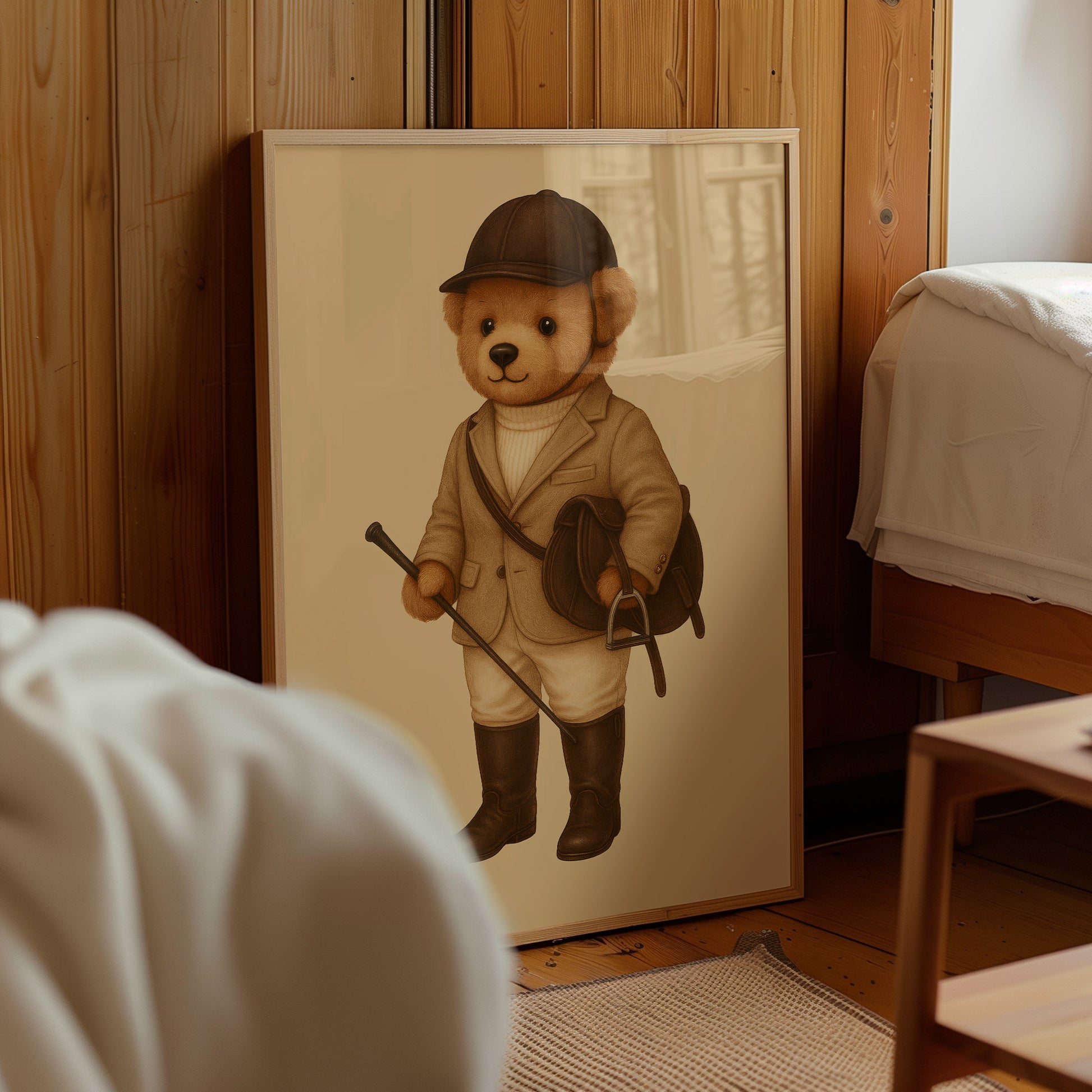 Equestrian teddy bear poster in cozy bedroom, vintage style wall art for home decor