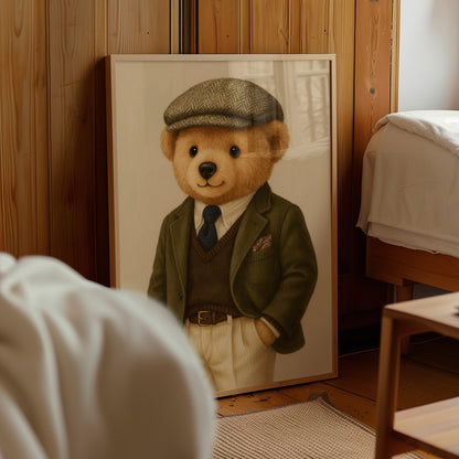 Chic teddy bear poster in vintage outfit, cozy bedroom wall art decor