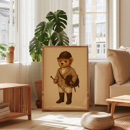 Framed poster of a teddy bear in equestrian outfit displayed in a modern minimalist living room