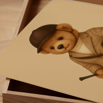 Old Money aesthetic poster with teddy bear in coat and cap on beige background, close-up