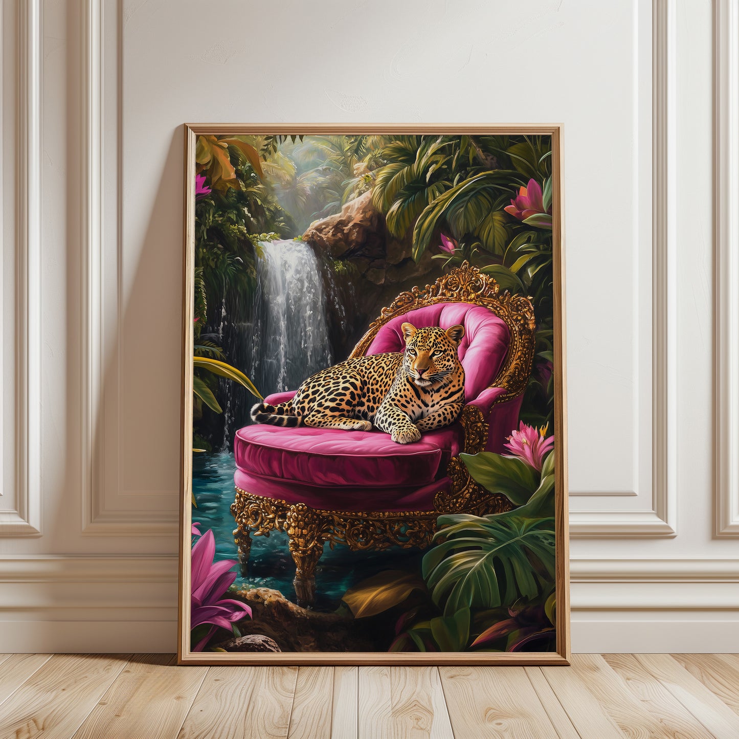 leopard jungle poster — leopard on a pink velvet armchair in tropical forest with waterfall