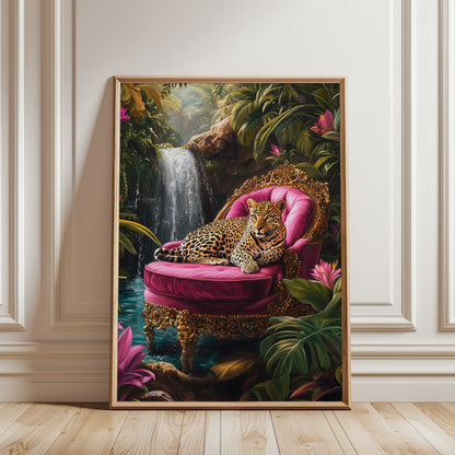 leopard jungle poster — leopard on a pink velvet armchair in tropical forest with waterfall