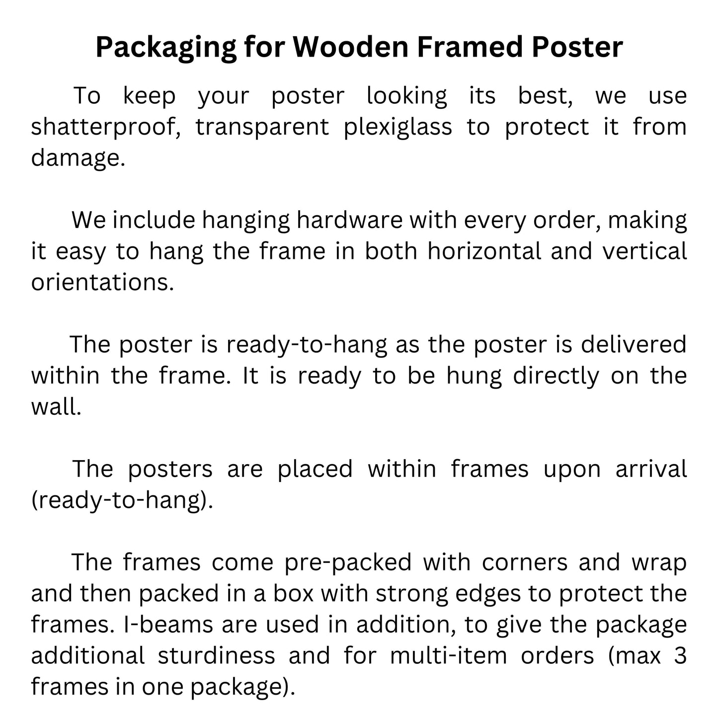 Packaging details for wooden framed poster, including shatterproof plexiglass and ready-to-hang hardware.