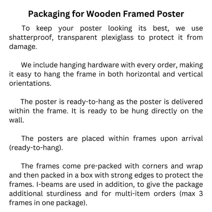 Packaging details for wooden framed poster, including shatterproof plexiglass and ready-to-hang hardware.