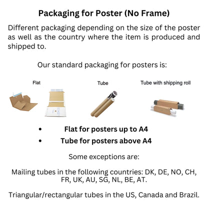 Poster packaging options showing flat mailer, tube, and tube with shipping roll for various poster sizes.