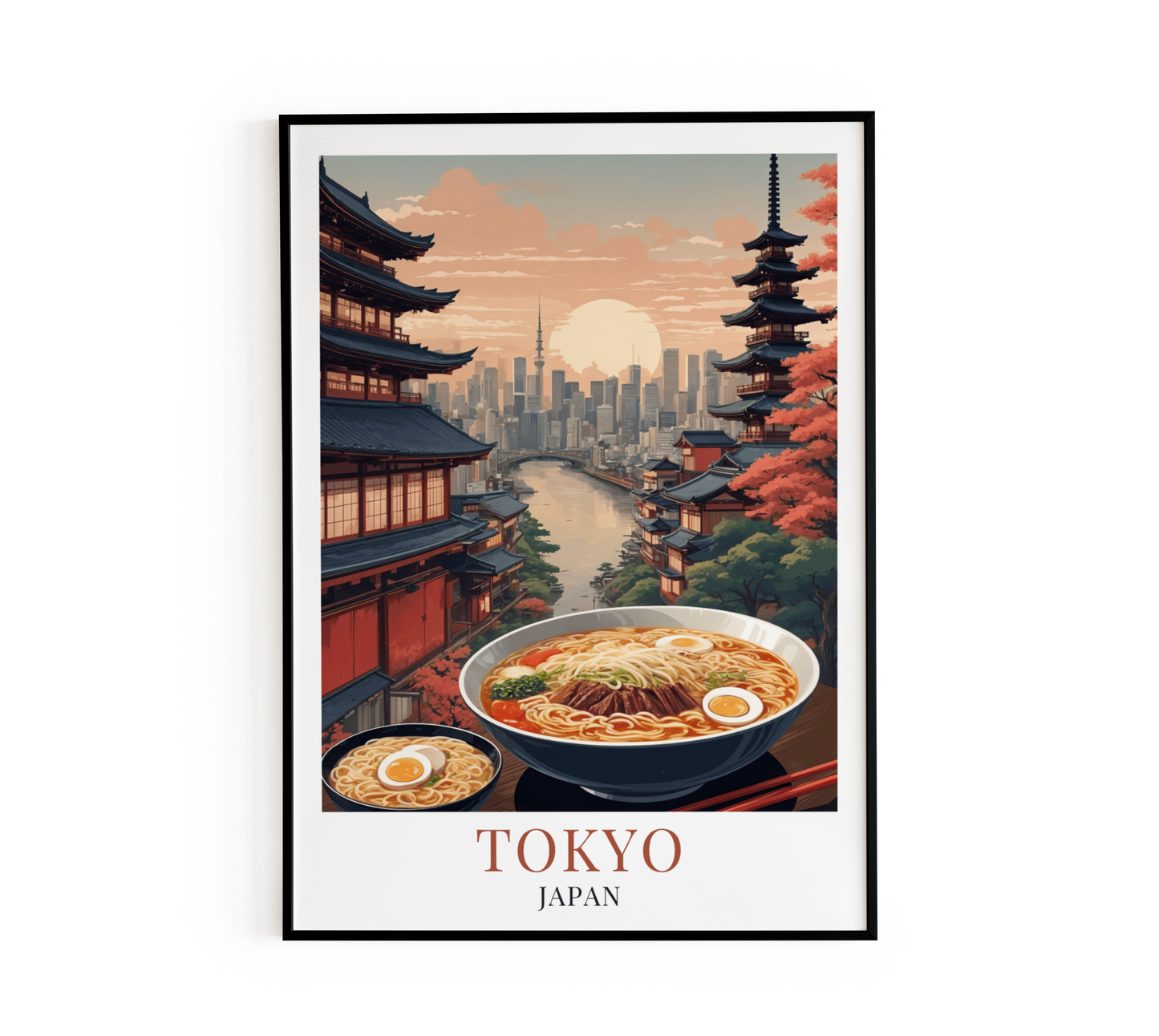 Tokyo Japan poster featuring traditional ramen bowls, Japanese pagoda and city skyline at sunset