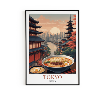 Tokyo Japan poster featuring traditional ramen bowls, Japanese pagoda and city skyline at sunset