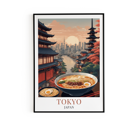 Tokyo Japan poster featuring traditional ramen bowls, Japanese pagoda and city skyline at sunset