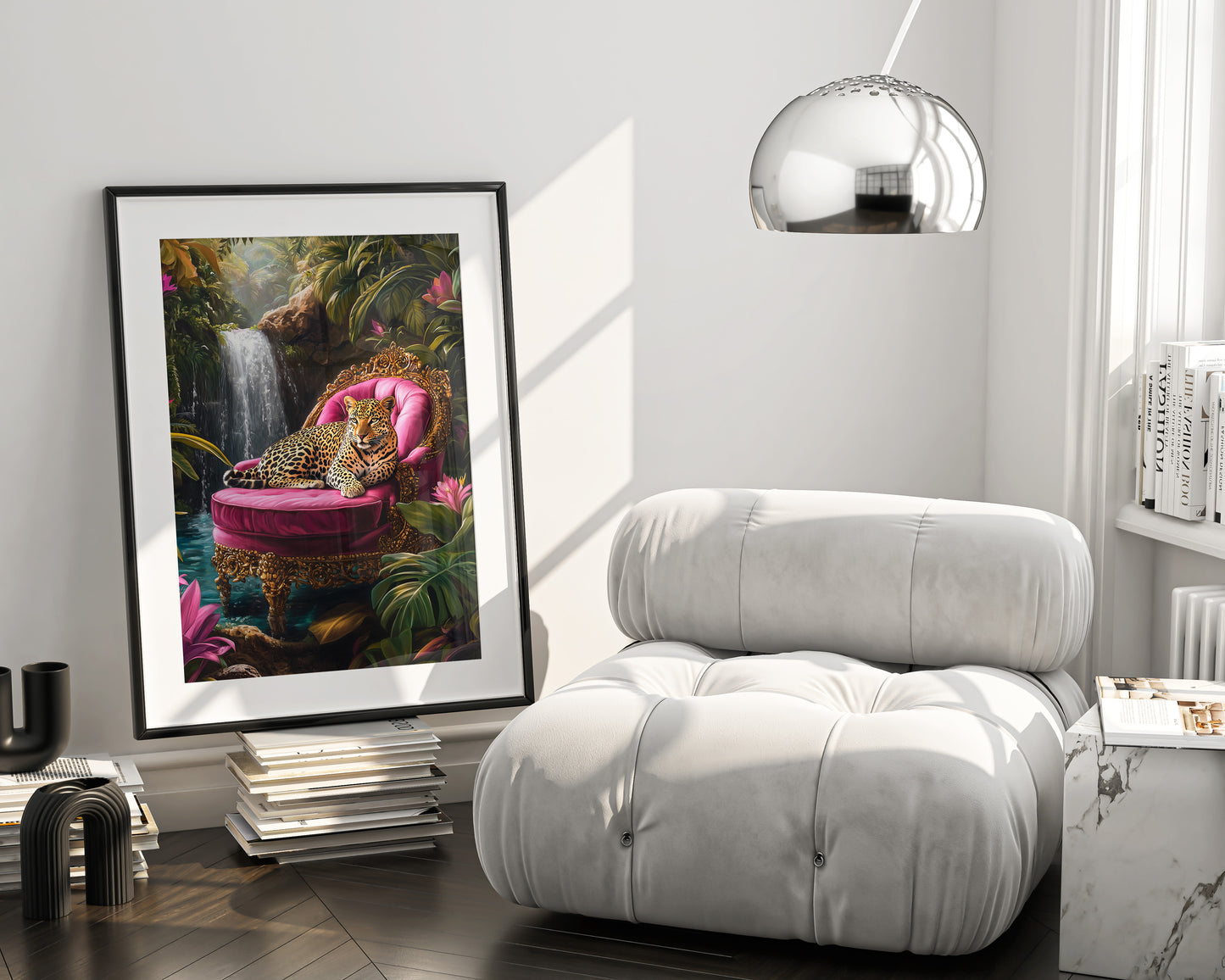 Modern living room with a white armchair, framed artwork of a leopard, and decorative items.