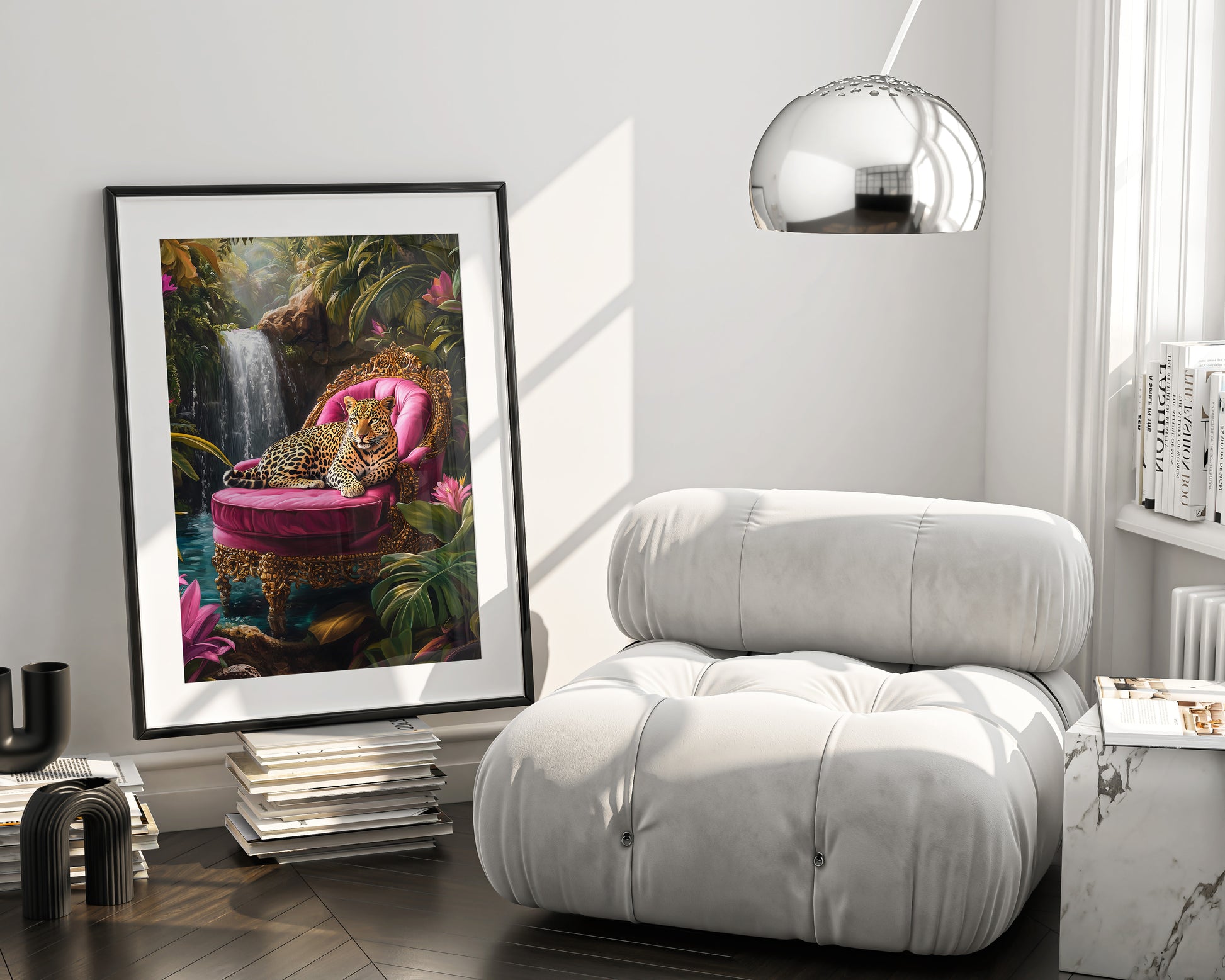 Modern living room with a white armchair, framed artwork of a leopard, and decorative items.