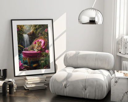 Modern living room with a white armchair, framed artwork of a leopard, and decorative items.