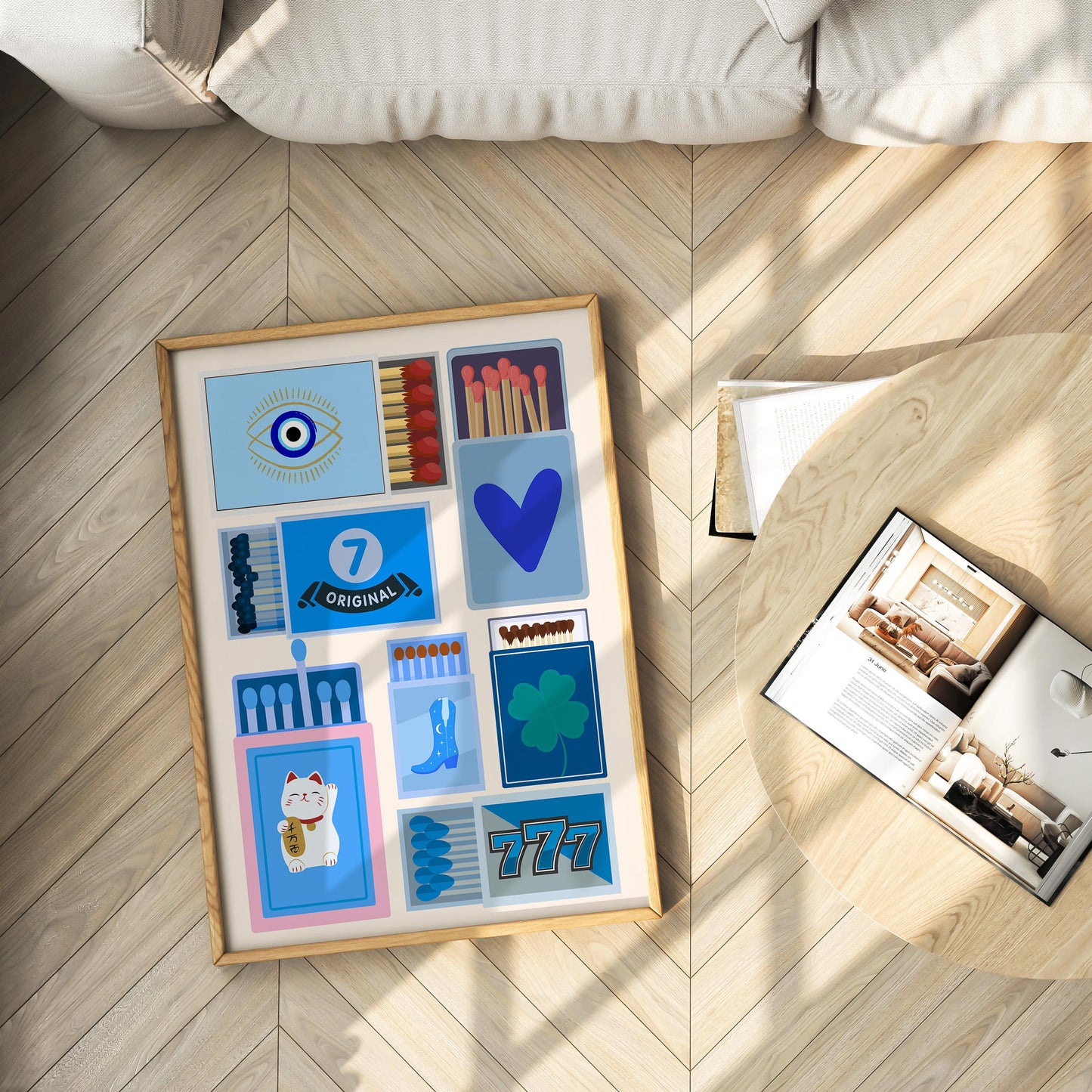 Vintage Blue Matchbox “Lucky You” Set of 3 — Digital Poster (B132)