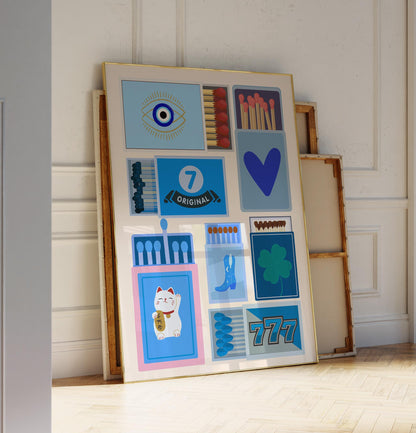 Vintage Blue Matchbox “Lucky You” Set of 3 — Digital Poster (B132)